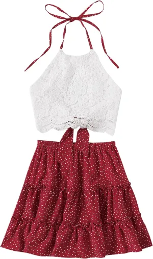 LYANER Women's 2 Piece Outfits Summer Lace Halter Cami Crop Top with Floral Mini Skirt Set