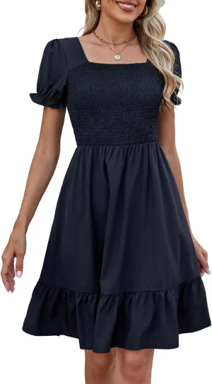 Lyrur Women's Short Sleeve Summer Dresses 2025 Spring Casual Square Neck Easter Dress A-Line Tiered Sundress with Pockets