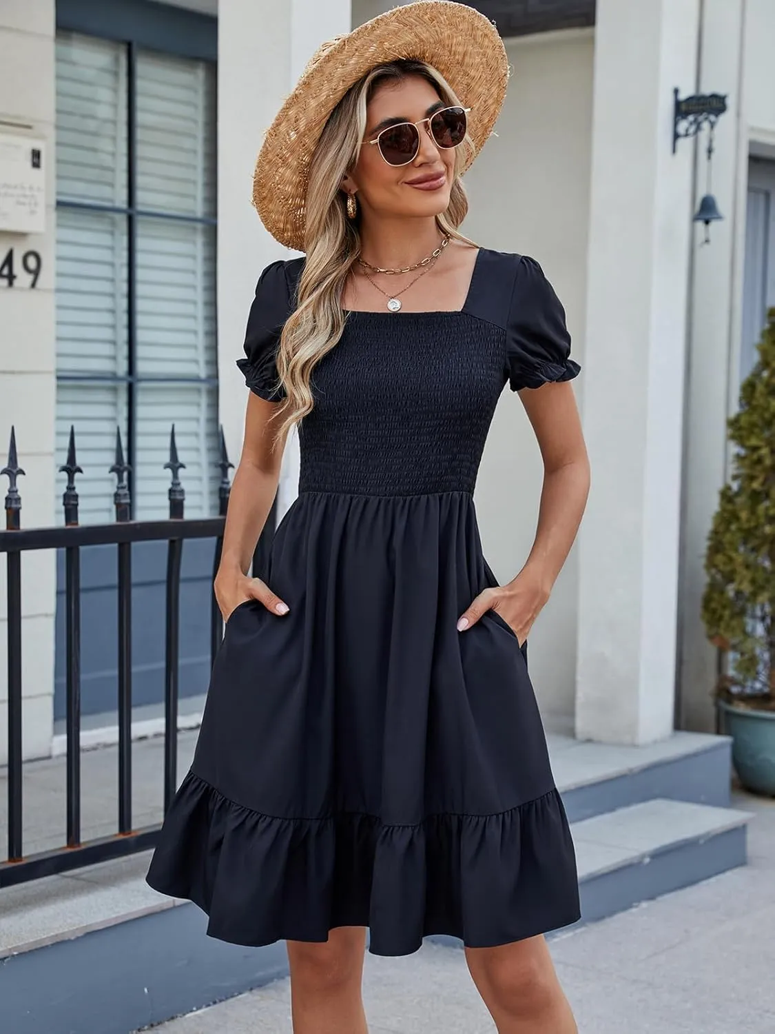 Lyrur Women's Short Sleeve Summer Dresses 2025 Spring Casual Square Neck Easter Dress A-Line Tiered Sundress with Pockets