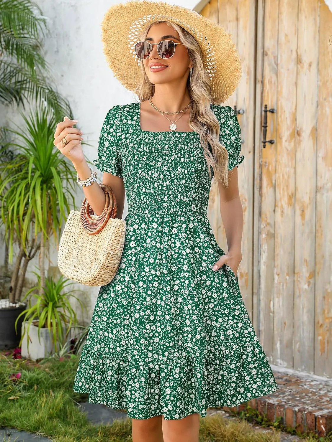 Lyrur Women's Short Sleeve Summer Dresses 2025 Spring Casual Square Neck Easter Dress A-Line Tiered Sundress with Pockets
