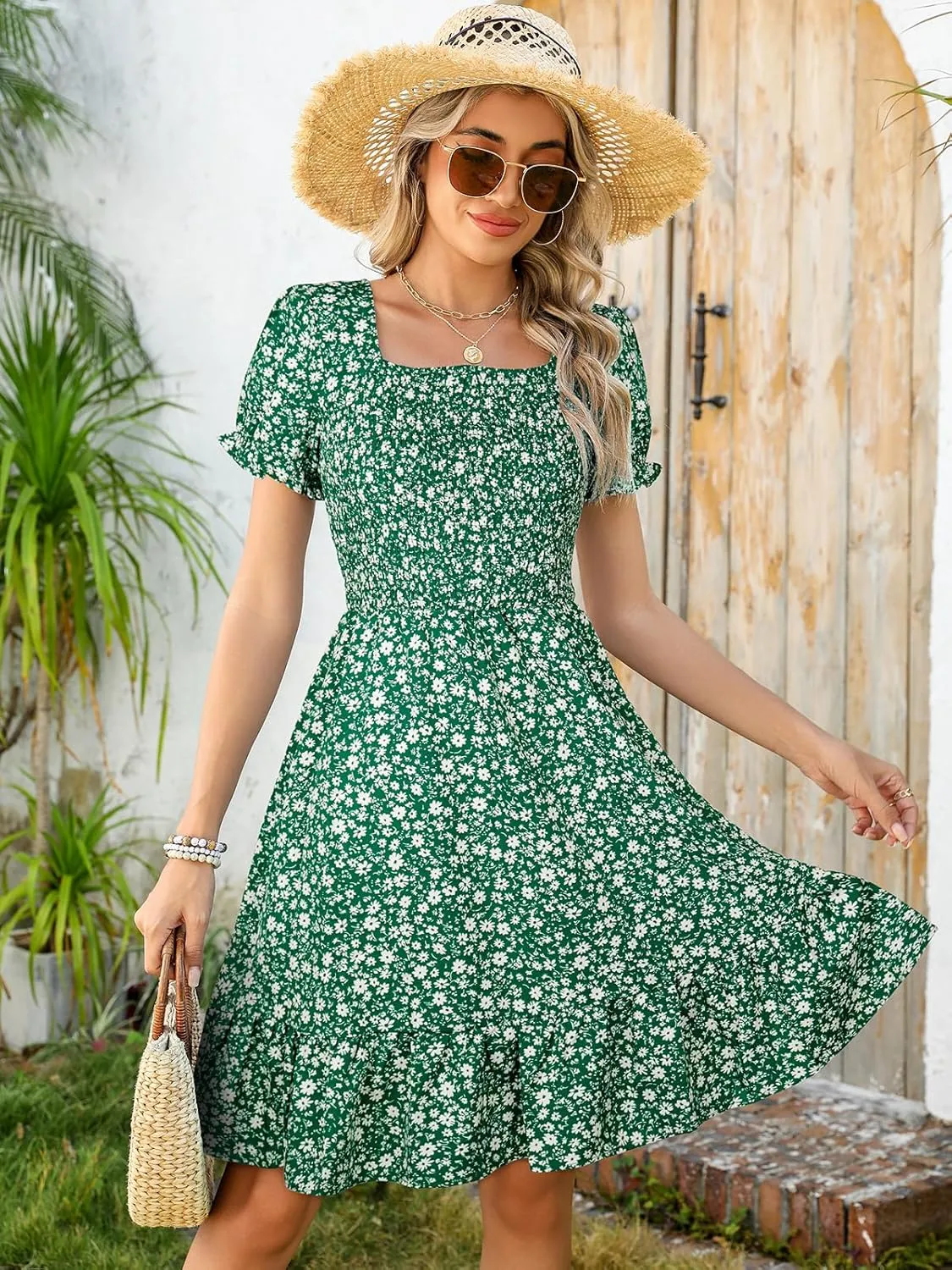 Lyrur Women's Short Sleeve Summer Dresses 2025 Spring Casual Square Neck Easter Dress A-Line Tiered Sundress with Pockets