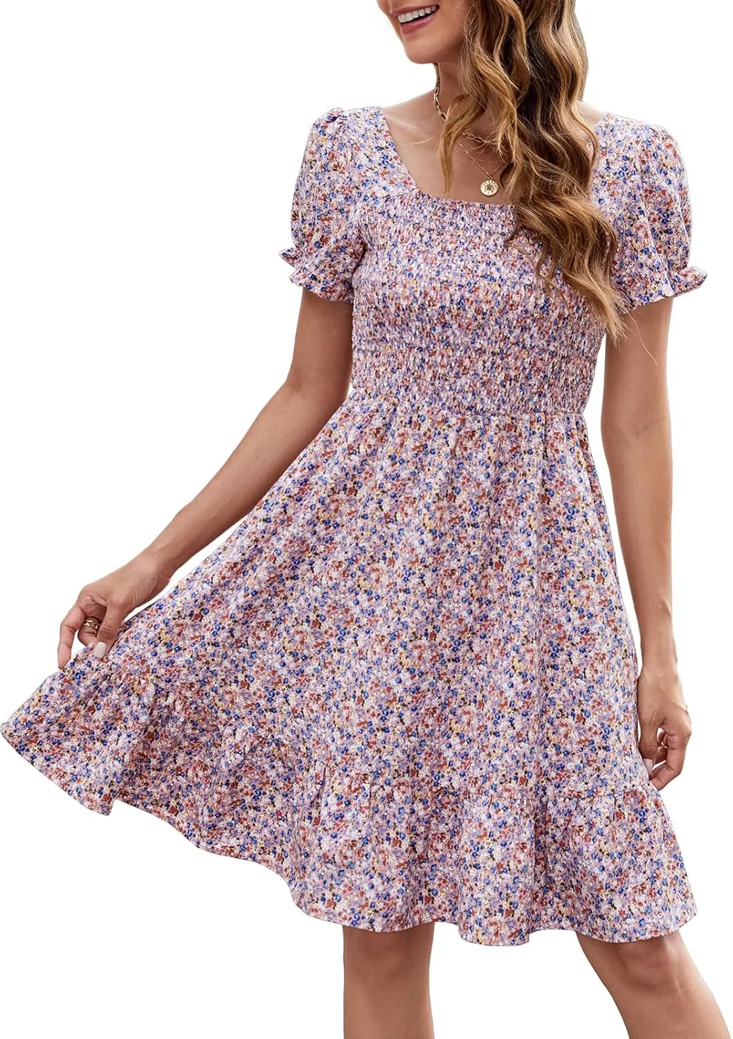 Lyrur Women's Short Sleeve Summer Dresses 2025 Spring Casual Square Neck Easter Dress A-Line Tiered Sundress with Pockets