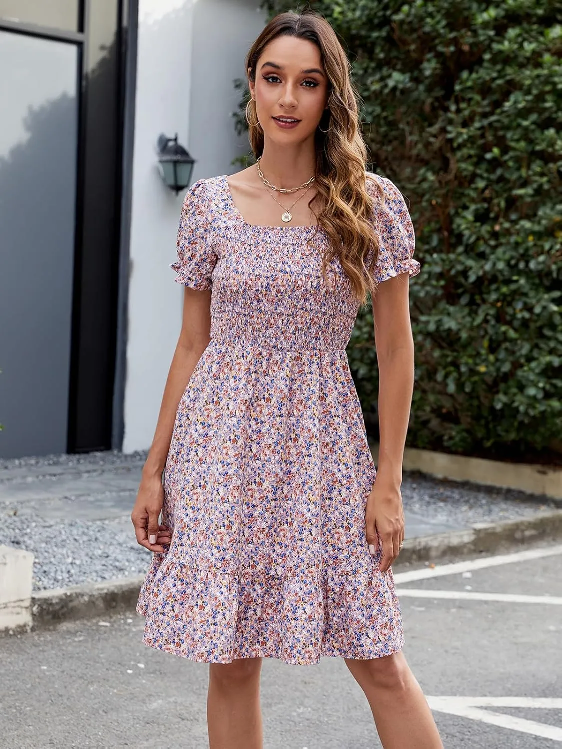 Lyrur Women's Short Sleeve Summer Dresses 2025 Spring Casual Square Neck Easter Dress A-Line Tiered Sundress with Pockets