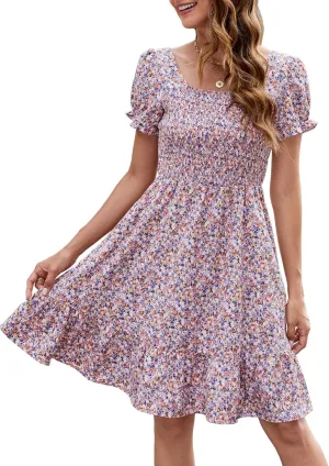 Lyrur Women's Short Sleeve Summer Dresses 2025 Spring Casual Square Neck Easter Dress A-Line Tiered Sundress with Pockets
