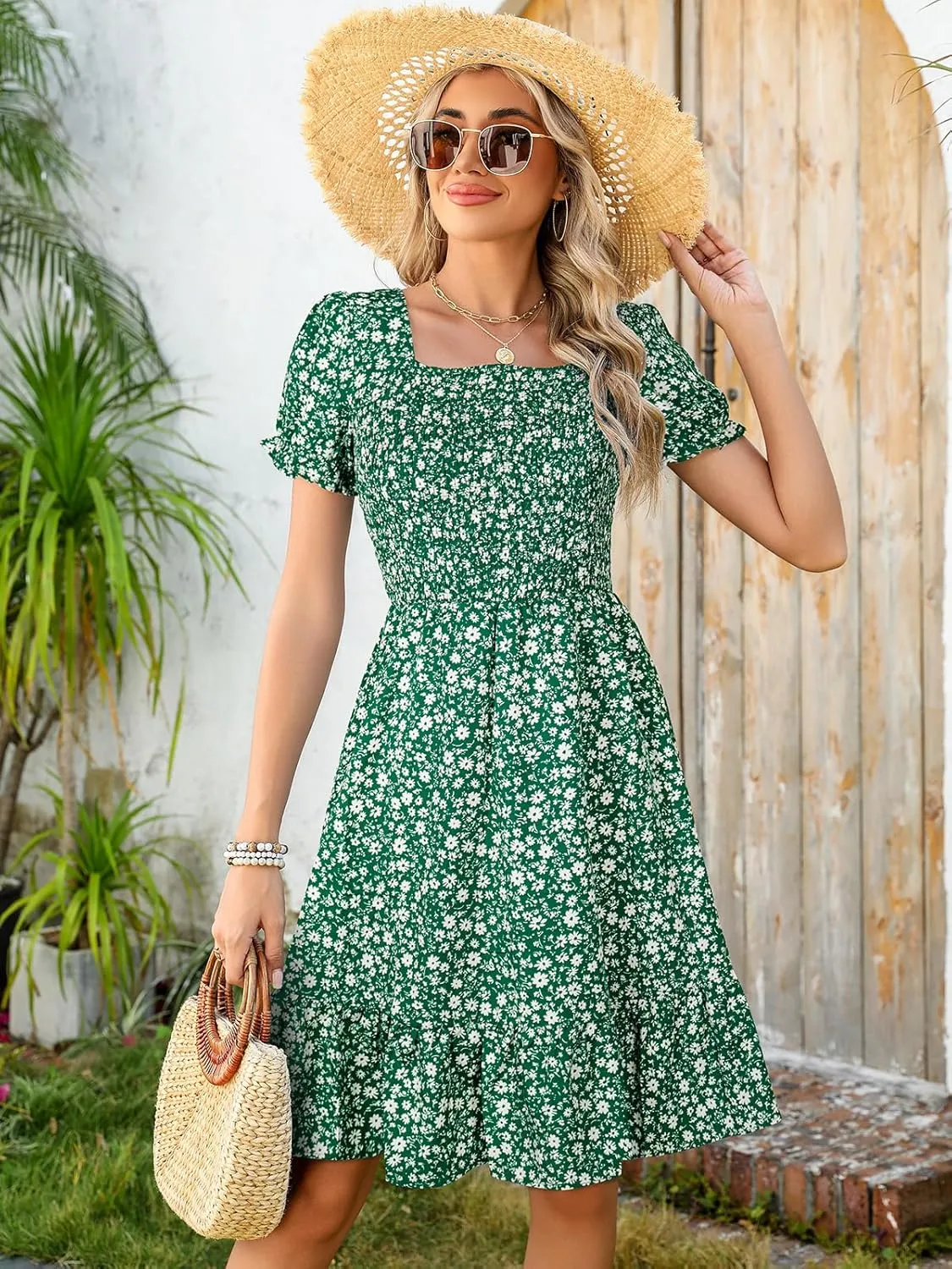 Lyrur Women's Short Sleeve Summer Dresses 2025 Spring Casual Square Neck Easter Dress A-Line Tiered Sundress with Pockets