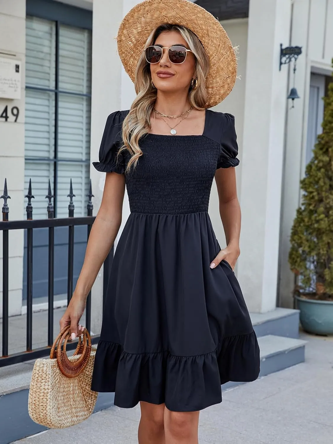 Lyrur Women's Short Sleeve Summer Dresses 2025 Spring Casual Square Neck Easter Dress A-Line Tiered Sundress with Pockets