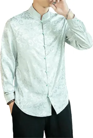 Men's Autumn Retro Chinese Style Hanfu Tang Suit Dragon Pattern Frog Button Long Sleeve Shirt