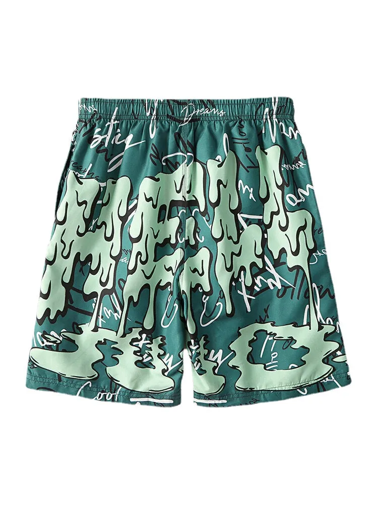 Men's Funny Graffiti Print Quick Dry Mesh Liner Casual Holiday Board Shorts