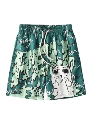 Men's Funny Graffiti Print Quick Dry Mesh Liner Casual Holiday Board Shorts