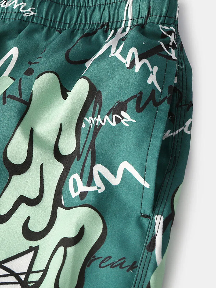 Men's Funny Graffiti Print Quick Dry Mesh Liner Casual Holiday Board Shorts