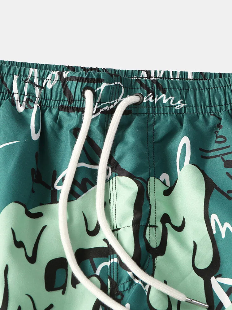Men's Funny Graffiti Print Quick Dry Mesh Liner Casual Holiday Board Shorts