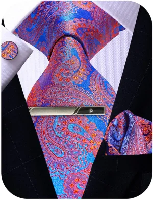 Mens Silk Tie and Pocket Square Cufflinks Clip Set, Designer Woven Necktie Set for Wedding Business Prom