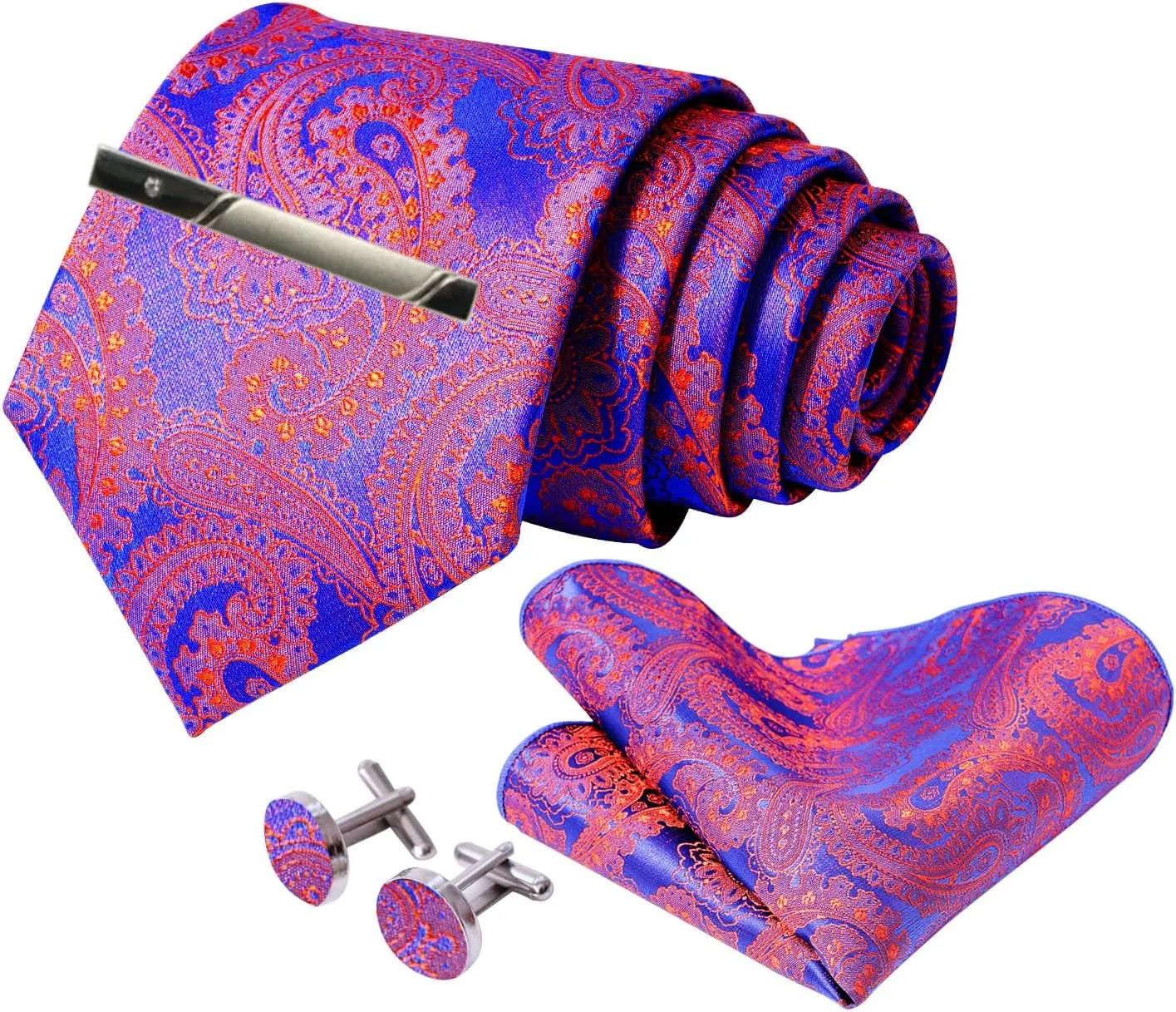 Mens Silk Tie and Pocket Square Cufflinks Clip Set, Designer Woven Necktie Set for Wedding Business Prom