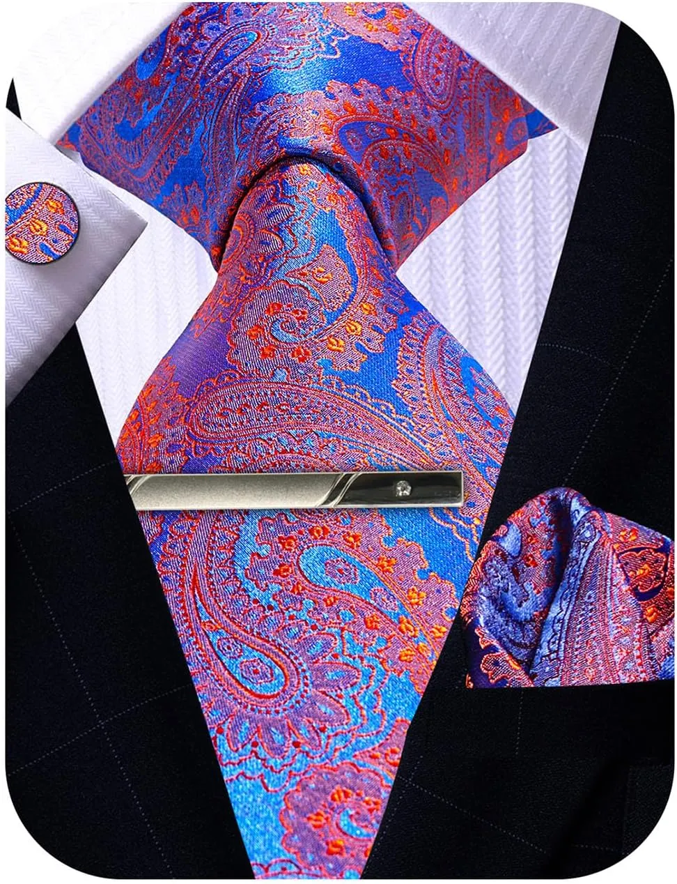 Mens Silk Tie and Pocket Square Cufflinks Clip Set, Designer Woven Necktie Set for Wedding Business Prom