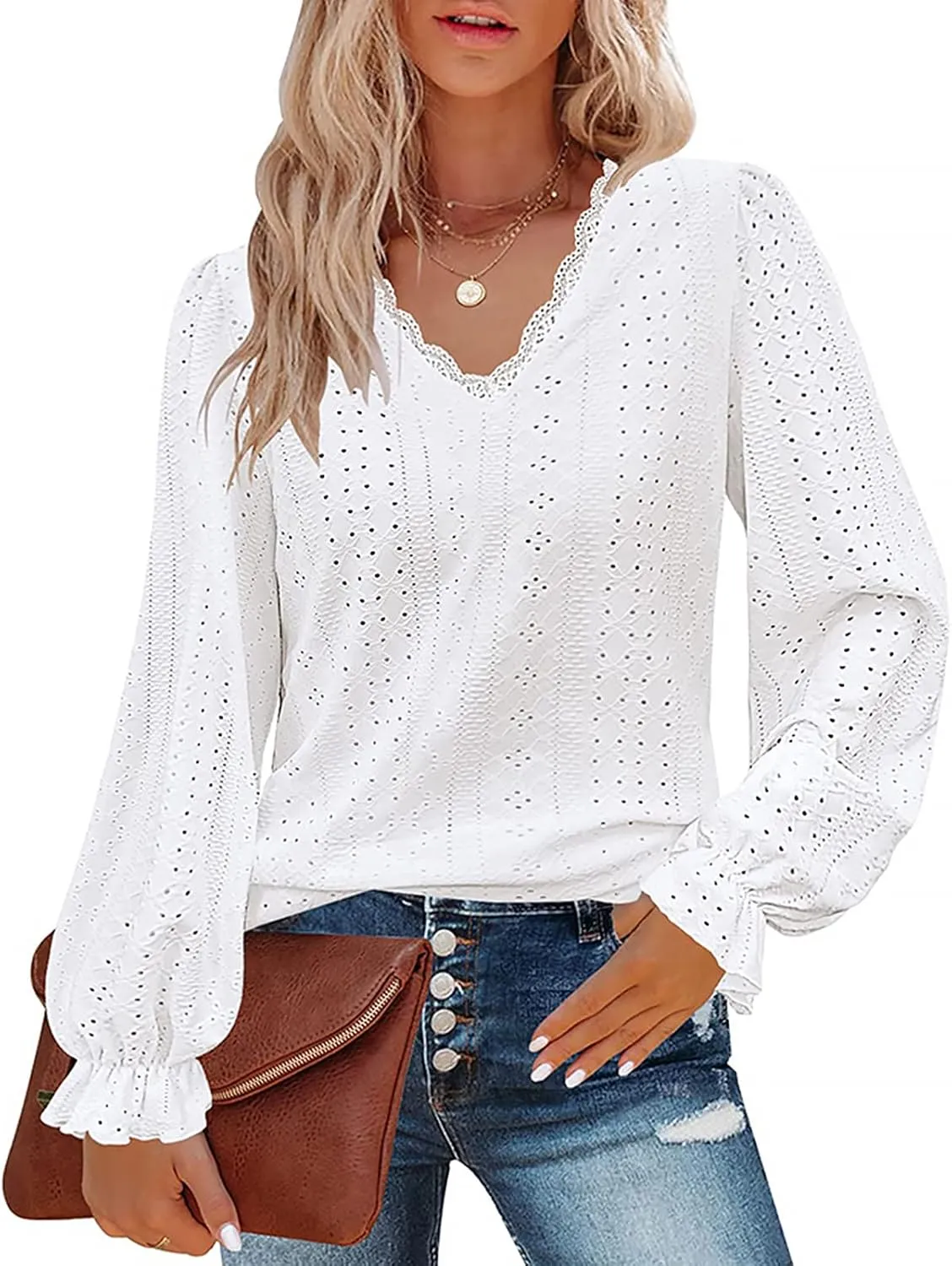 Misyula Womens Lace V Neck Puff Long Sleeve Eyelet Tops Dressy Business Casual Work Shirts Blouse S-XXL