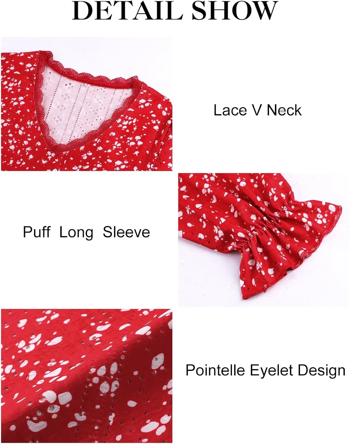Misyula Womens Lace V Neck Puff Long Sleeve Eyelet Tops Dressy Business Casual Work Shirts Blouse S-XXL