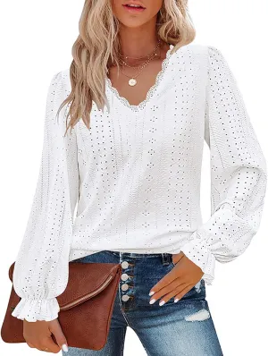 Misyula Womens Lace V Neck Puff Long Sleeve Eyelet Tops Dressy Business Casual Work Shirts Blouse S-XXL
