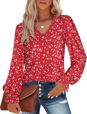 Misyula Womens Lace V Neck Puff Long Sleeve Eyelet Tops Dressy Business Casual Work Shirts Blouse S-XXL