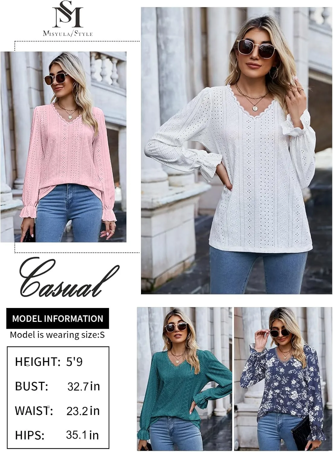 Misyula Womens Lace V Neck Puff Long Sleeve Eyelet Tops Dressy Business Casual Work Shirts Blouse S-XXL