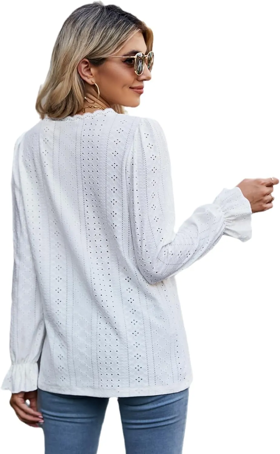 Misyula Womens Lace V Neck Puff Long Sleeve Eyelet Tops Dressy Business Casual Work Shirts Blouse S-XXL
