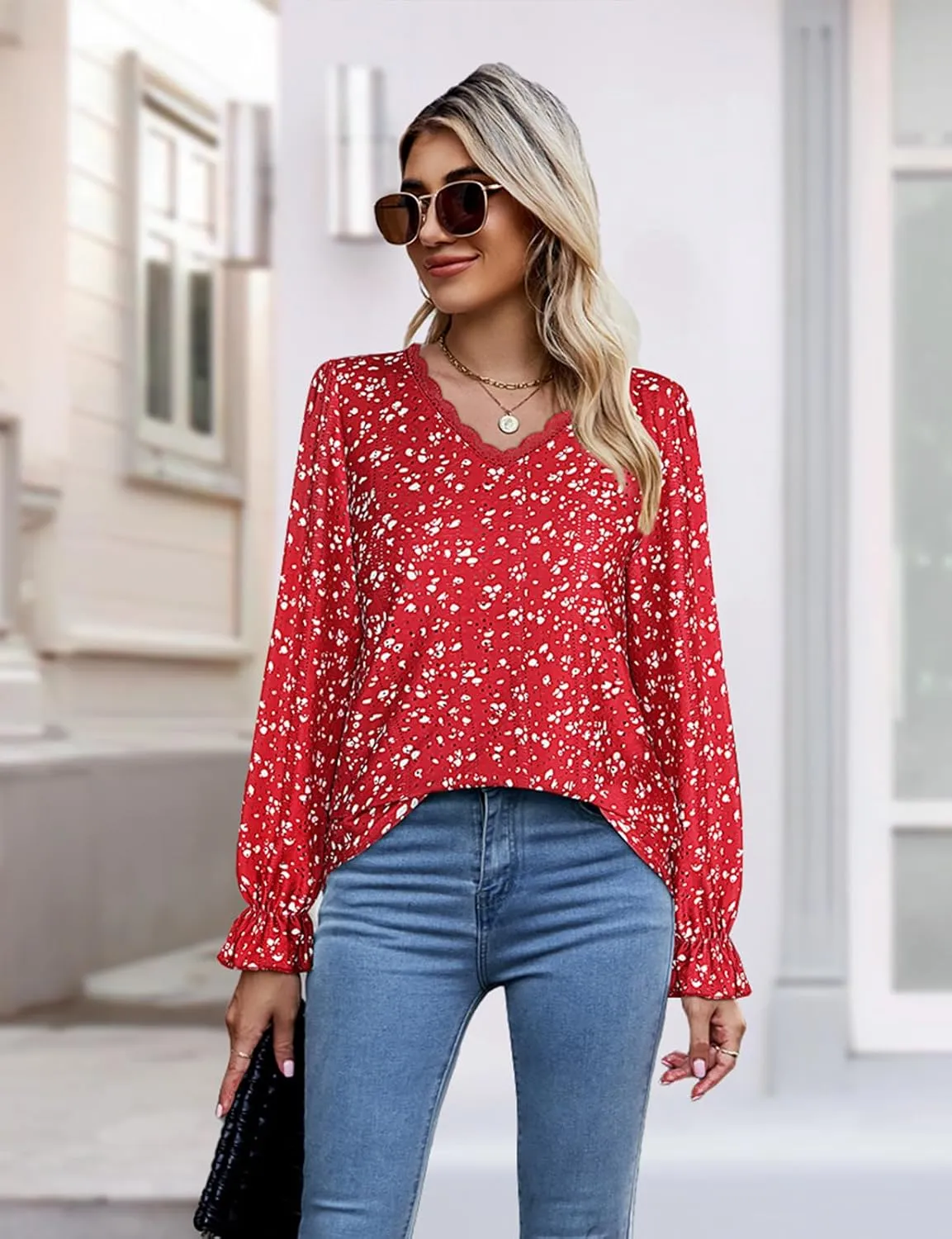 Misyula Womens Lace V Neck Puff Long Sleeve Eyelet Tops Dressy Business Casual Work Shirts Blouse S-XXL