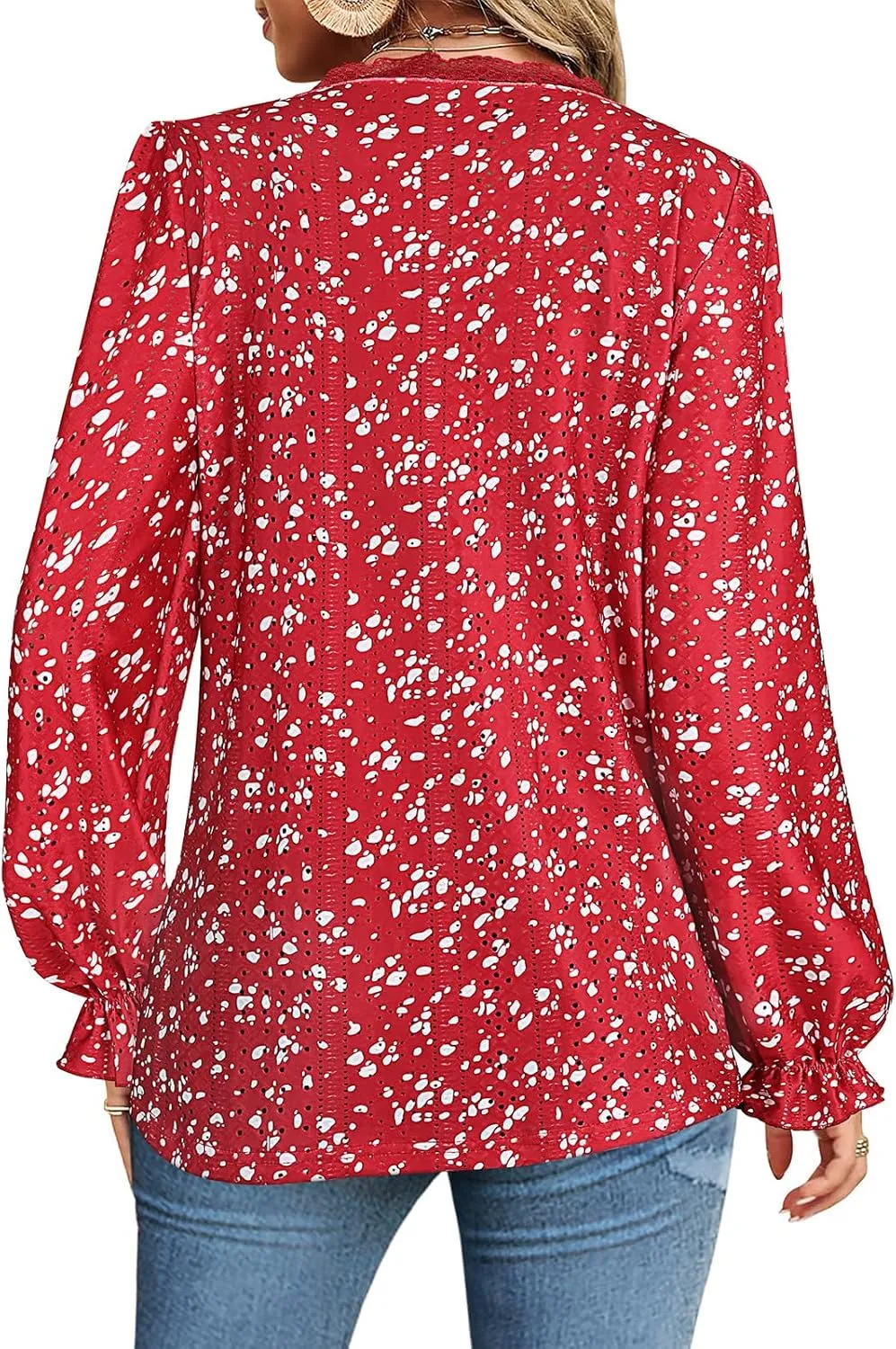 Misyula Womens Lace V Neck Puff Long Sleeve Eyelet Tops Dressy Business Casual Work Shirts Blouse S-XXL