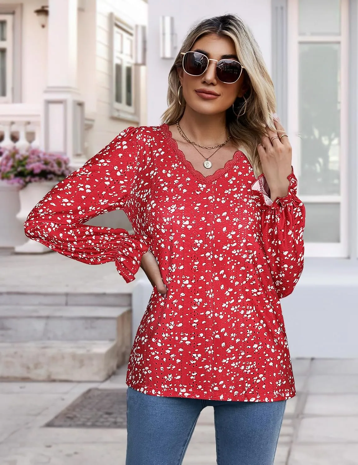 Misyula Womens Lace V Neck Puff Long Sleeve Eyelet Tops Dressy Business Casual Work Shirts Blouse S-XXL