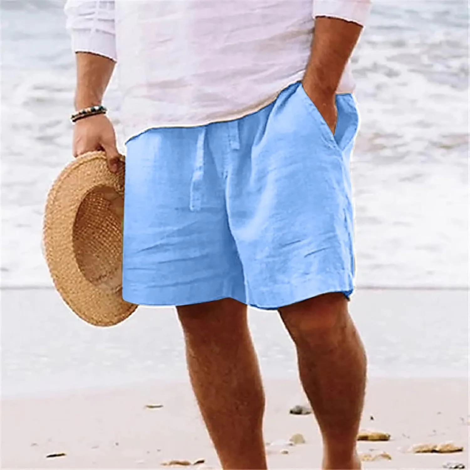 Muscularfit Men's Summer Casual Cotton Linen Shorts with Drawstring Elastic Waist, Beach Shorts with Pockets, Outdoor Fashion