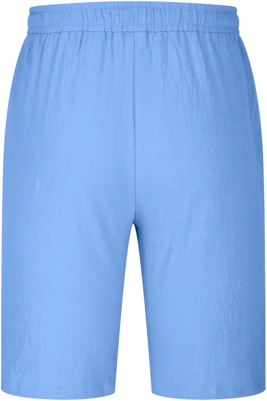 Muscularfit Men's Summer Casual Cotton Linen Shorts with Drawstring Elastic Waist, Beach Shorts with Pockets, Outdoor Fashion