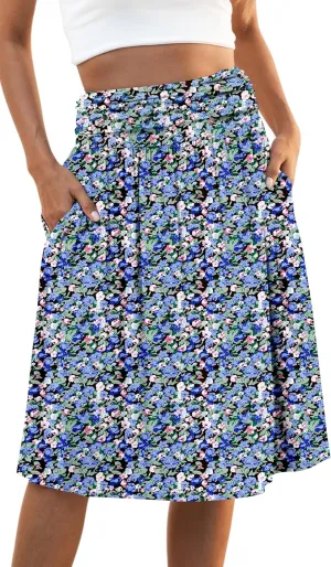 Naggoo Womens Summer Elastic High Waisted Midi Skirts Flowy Aline Knee Length Skirt with Pockets S-XXXL