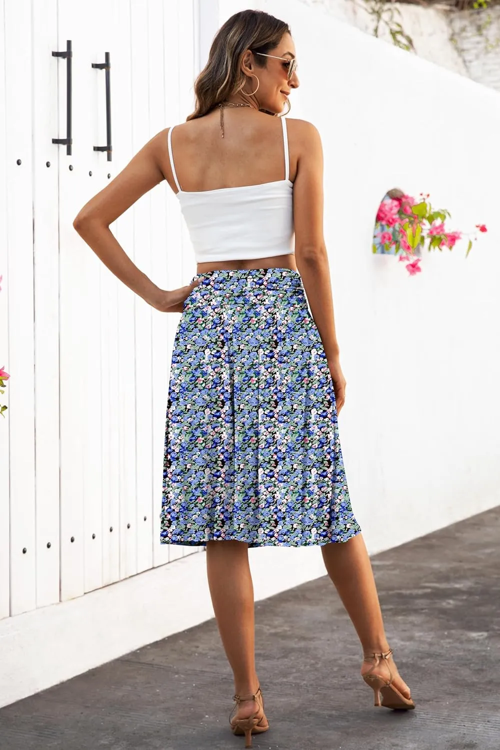 Naggoo Womens Summer Elastic High Waisted Midi Skirts Flowy Aline Knee Length Skirt with Pockets S-XXXL