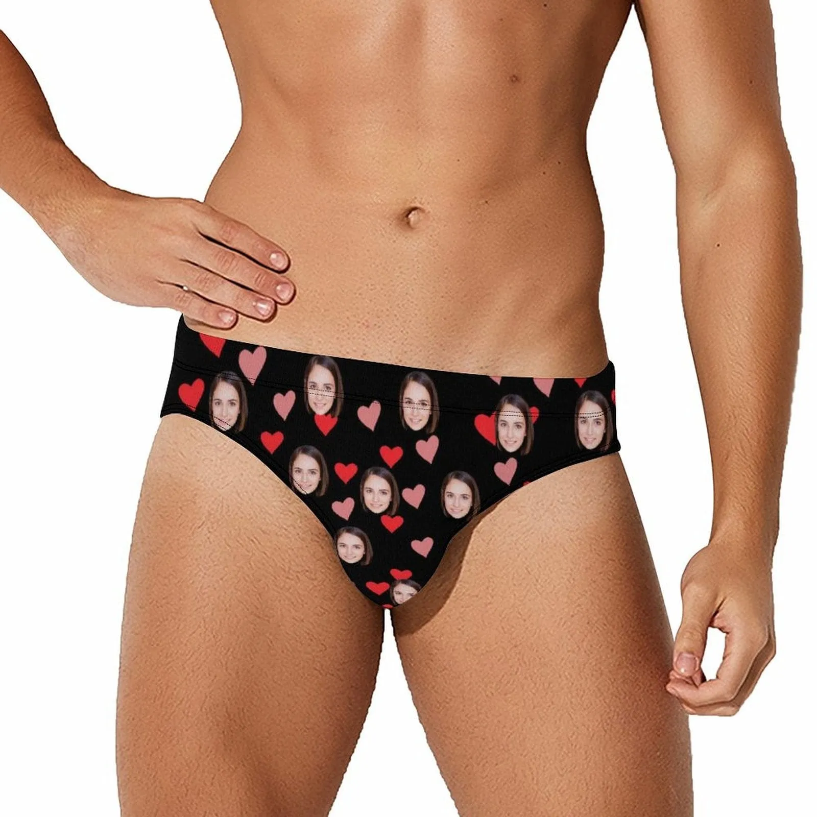Personalized I Love My Girlfriend Swim Trunks with Custom Face Print Love Heart Men's Triangle Swim Briefs for Holiday