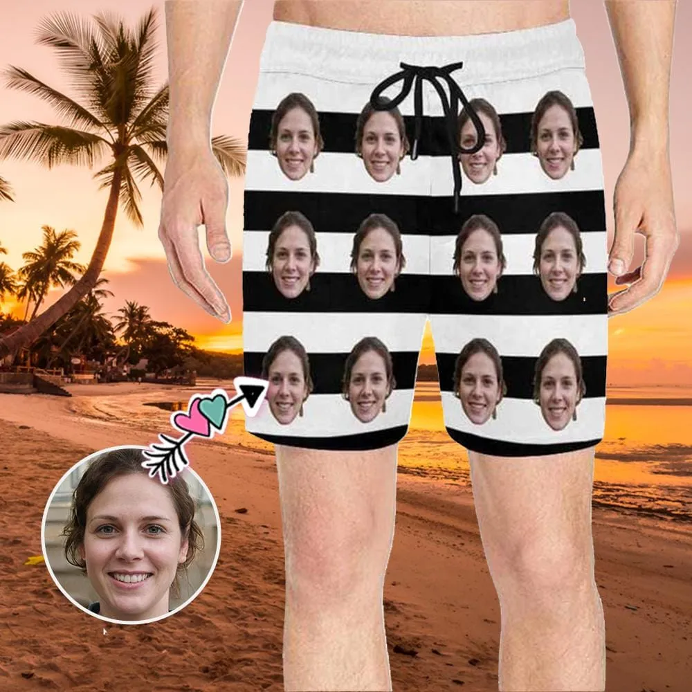 Personalized Swim Trunks Custom Face Simple White Black Stripes Men's Quick Dry Swim Shorts for Him