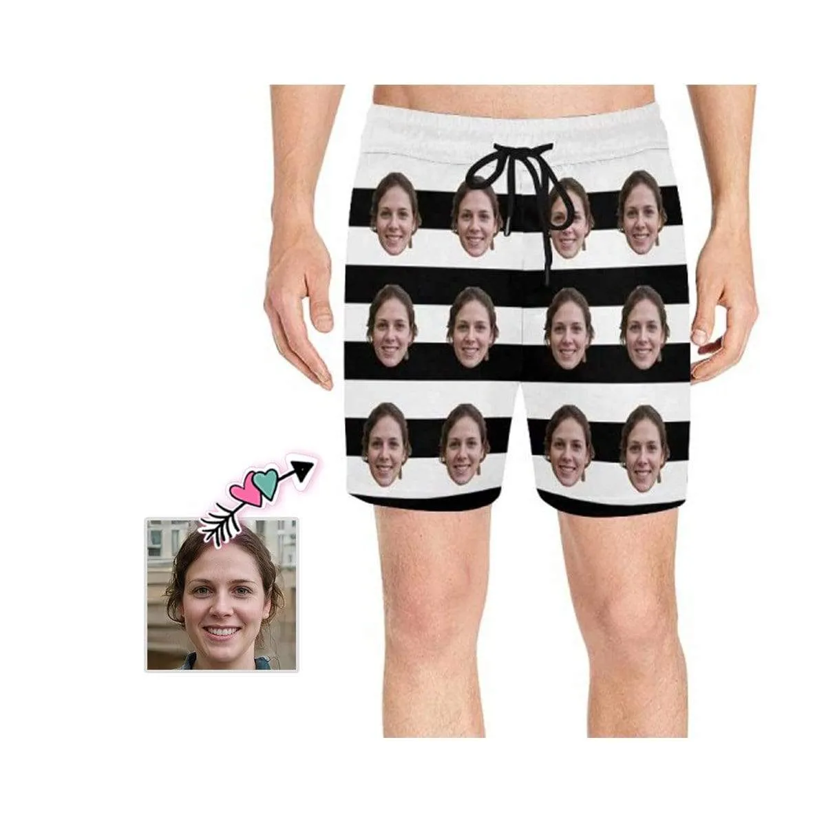 Personalized Swim Trunks Custom Face Simple White Black Stripes Men's Quick Dry Swim Shorts for Him
