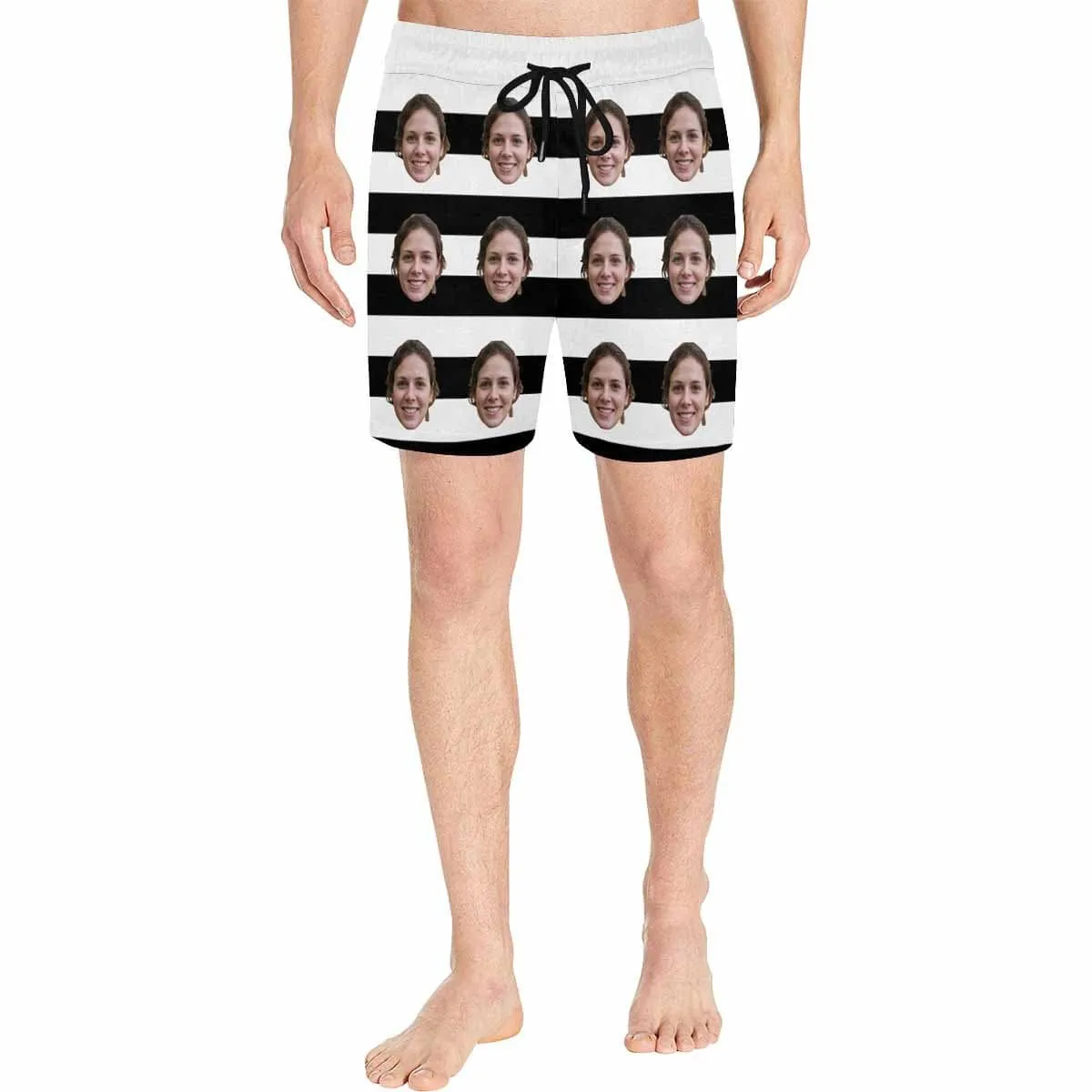 Personalized Swim Trunks Custom Face Simple White Black Stripes Men's Quick Dry Swim Shorts for Him