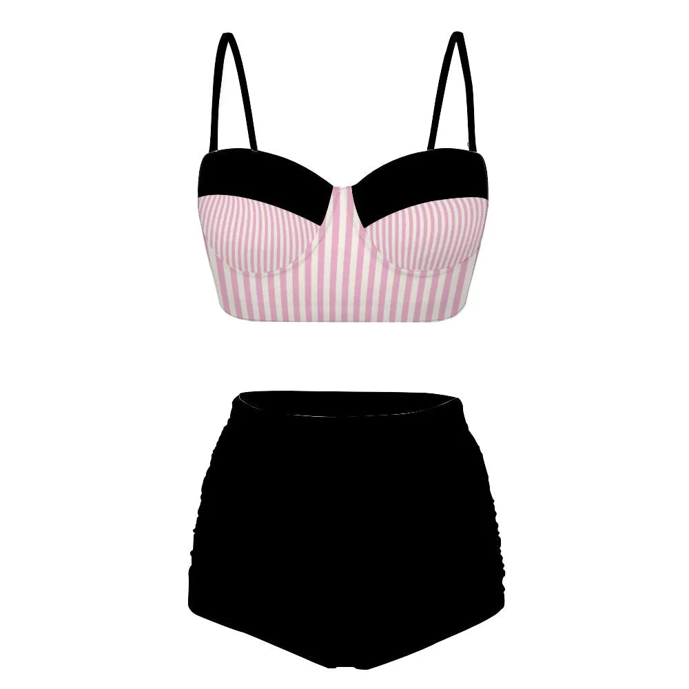 Pin Up Bikini, Retro Bikini, Black Pink Stripe Bikini, High Waist Bikini Set, Two Piece Bikini Set, Vintage Style Bikini, Rockabilly style