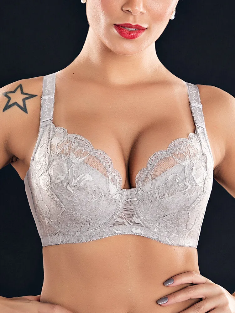 Plus Size Lace Jacquard Gather Full Coverage Push Up Bra,Milk Yellow