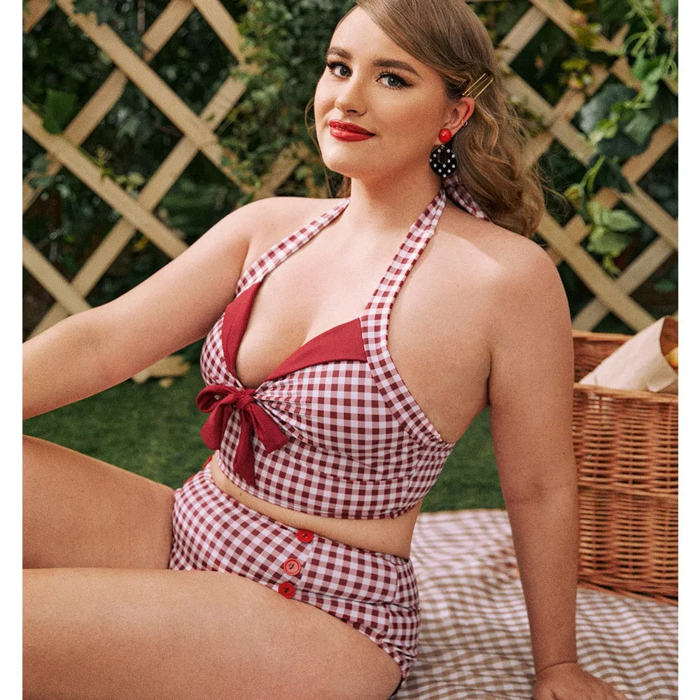 Red Plaid Halter Bow Retro High Waist Bikini Swimsuit