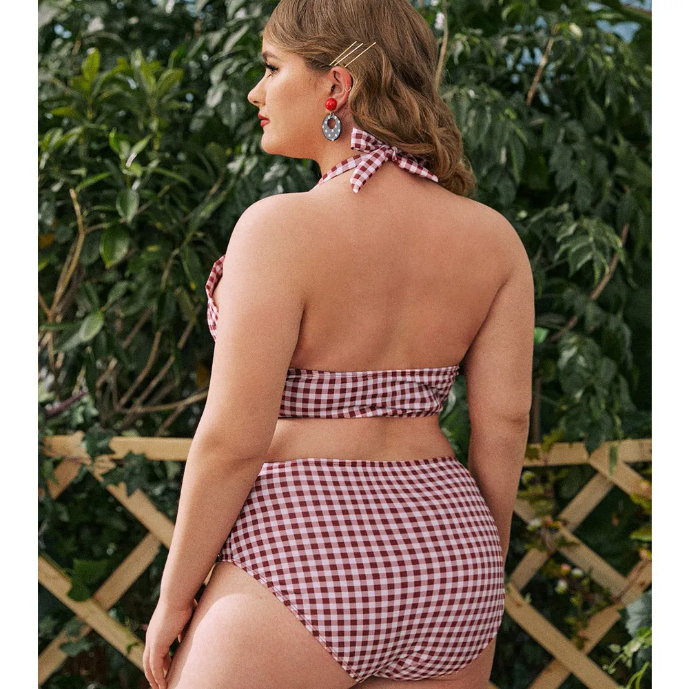 Red Plaid Halter Bow Retro High Waist Bikini Swimsuit