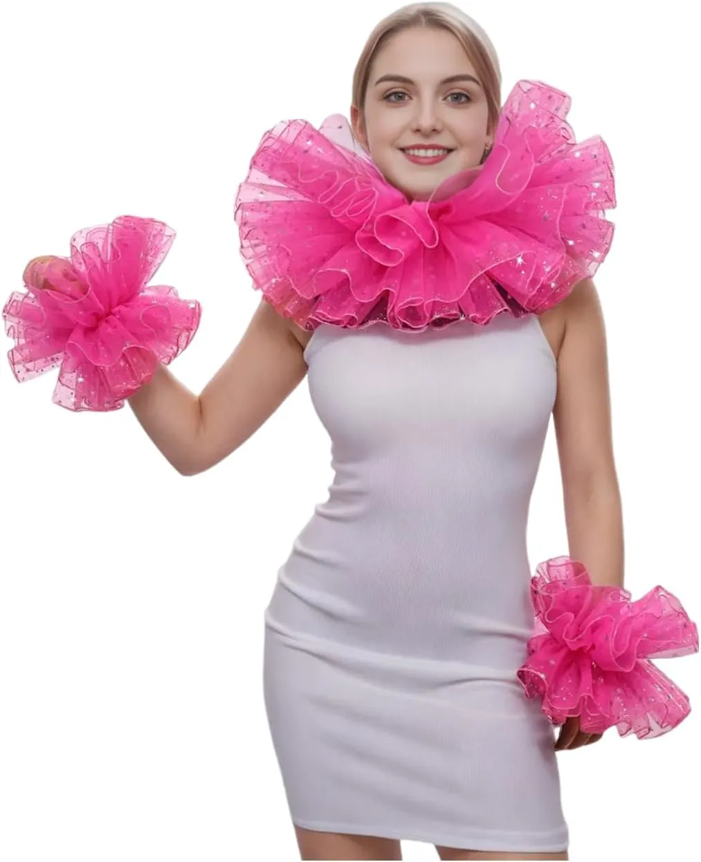 Renaissance Victorian Ruffle Collar and Wrist Cuffs Set Organza Colonial Clown Choker Neck Collar Cuff