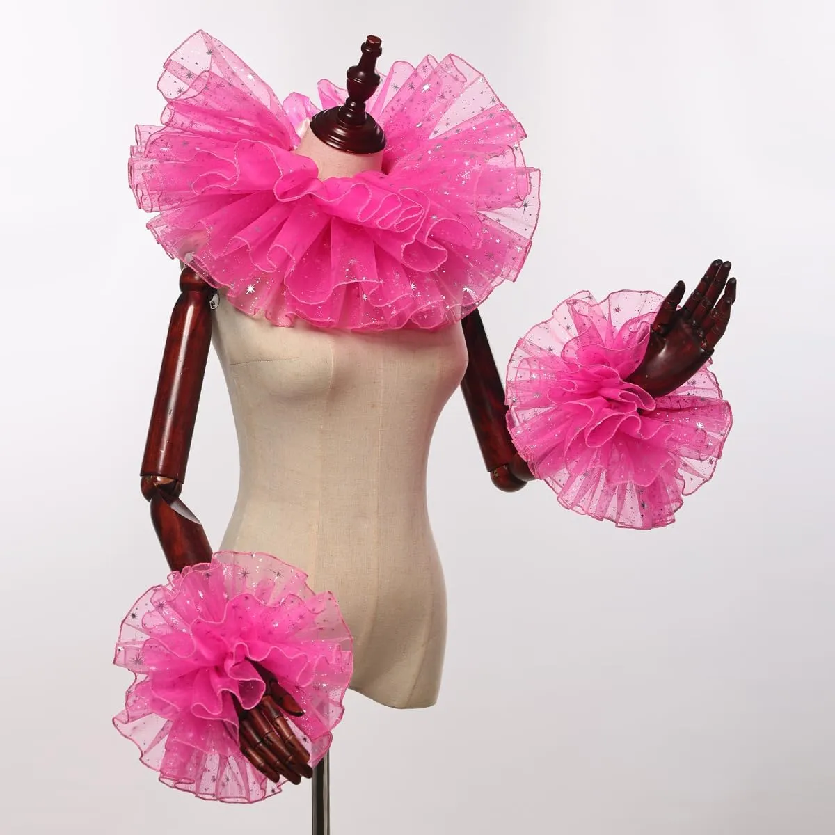 Renaissance Victorian Ruffle Collar and Wrist Cuffs Set Organza Colonial Clown Choker Neck Collar Cuff