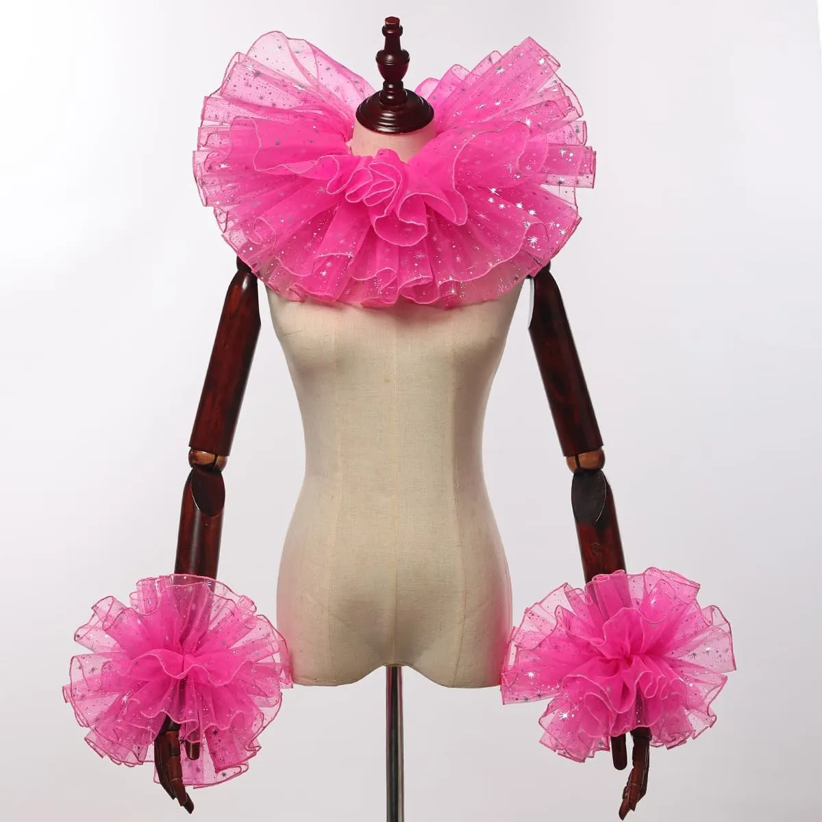 Renaissance Victorian Ruffle Collar and Wrist Cuffs Set Organza Colonial Clown Choker Neck Collar Cuff