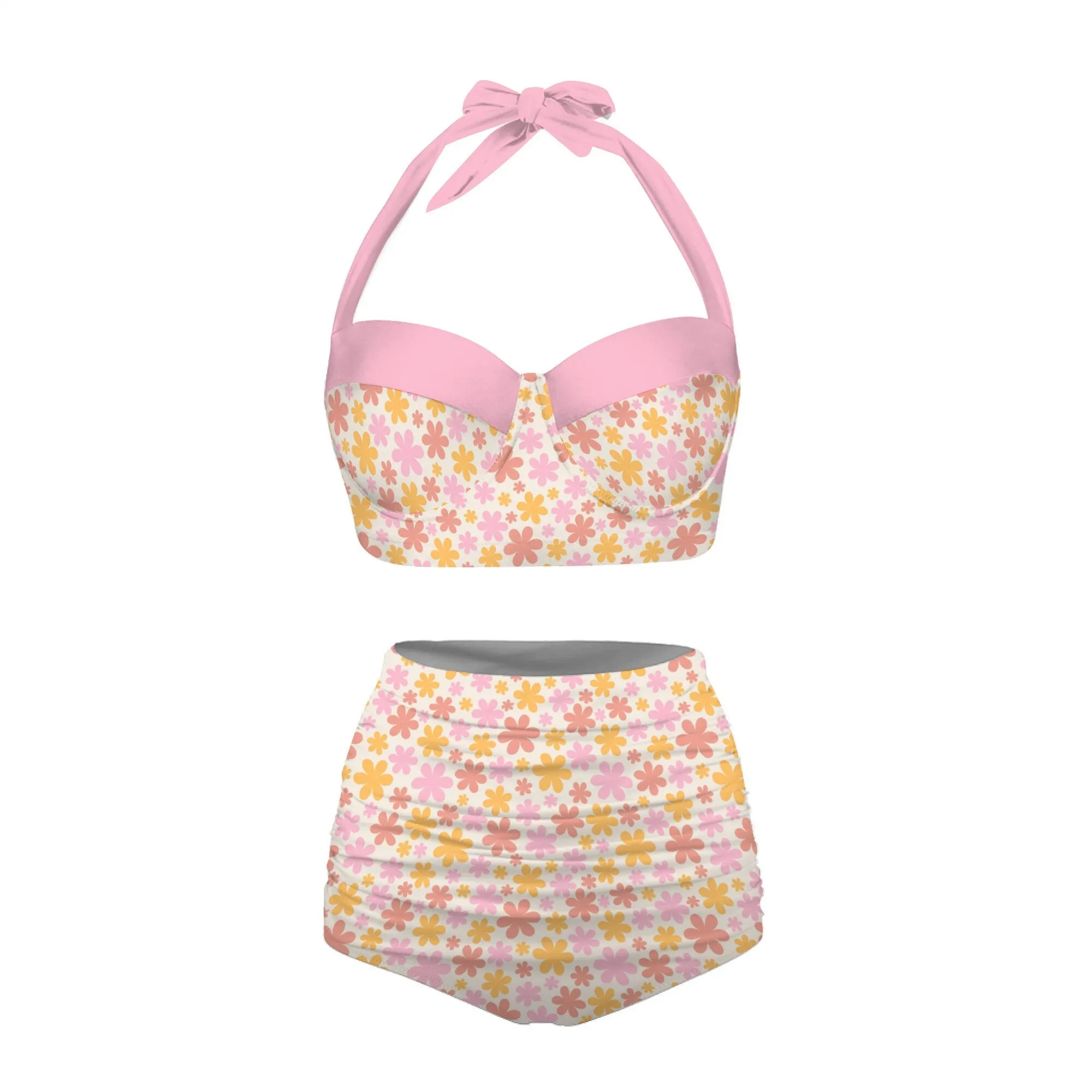 Retro Bikini, Pin Up Bikini, Halter Bikini, Retro Swimsuit, Mod Pink Bikini, Vintage Style bikini, Pink Floral Bikini, High Waist Bikini