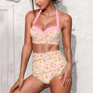 Retro Bikini, Pin Up Bikini, Halter Bikini, Retro Swimsuit, Mod Pink Bikini, Vintage Style bikini, Pink Floral Bikini, High Waist Bikini