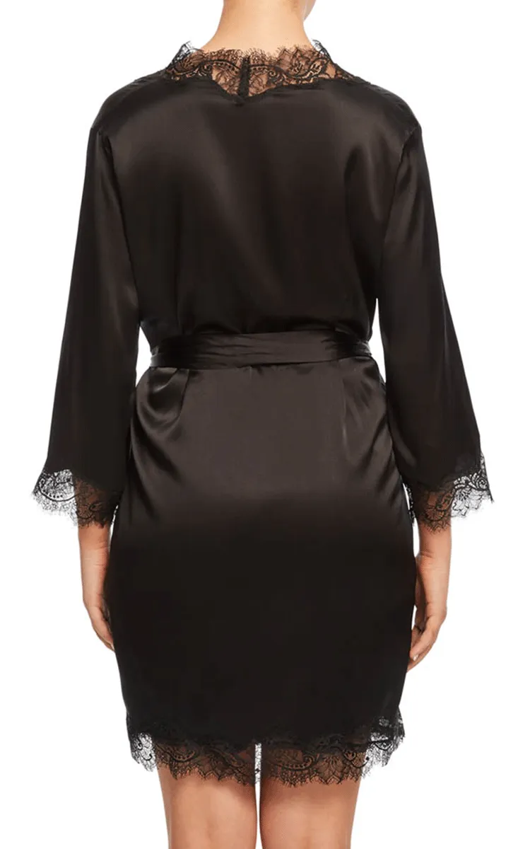 Sainted Sisters 100% Silk Robe with Lace in Black L65002