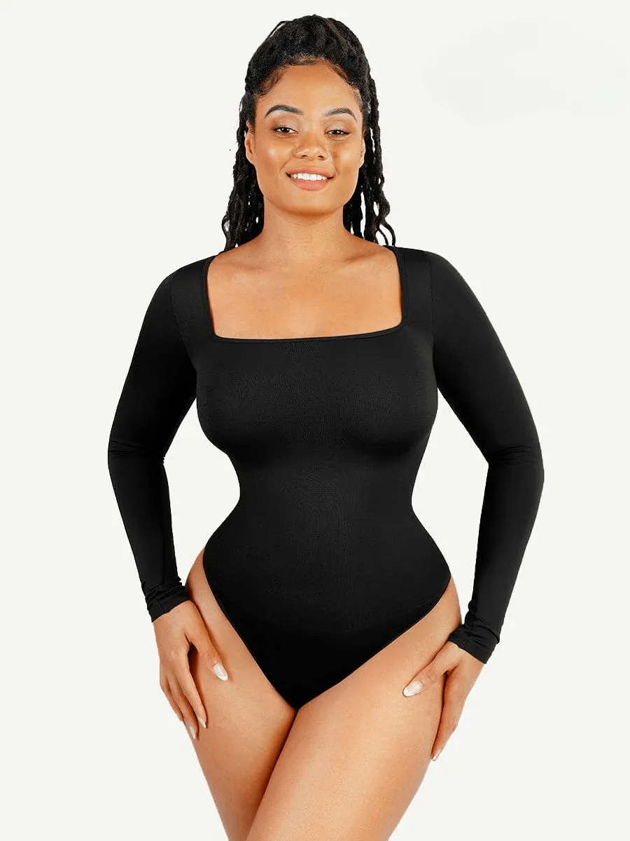 Square Neck Tummy Control Long Sleeve Shapewear Bodysuit