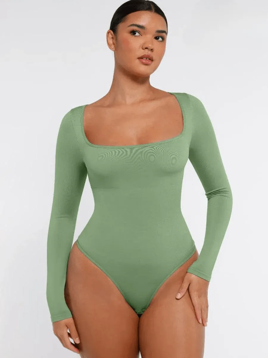 Square Neck Tummy Control Long Sleeve Shapewear Bodysuit