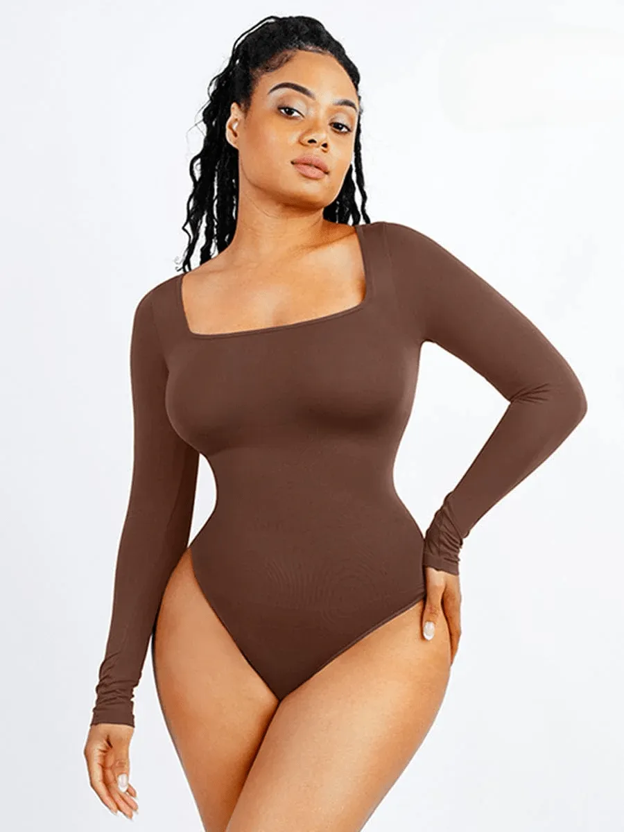 Square Neck Tummy Control Long Sleeve Shapewear Bodysuit