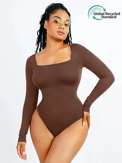 Square Neck Tummy Control Long Sleeve Shapewear Bodysuit