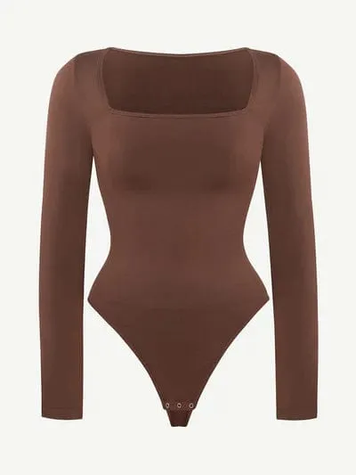 Square Neck Tummy Control Long Sleeve Shapewear Bodysuit